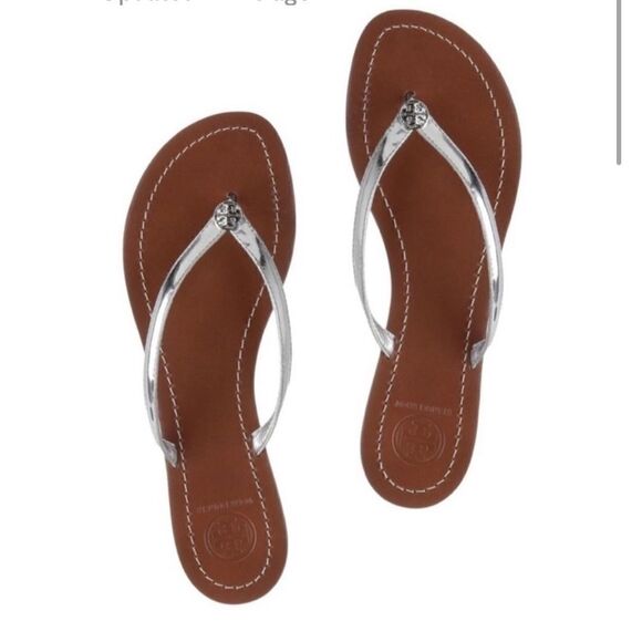 Tory Burch Terra Leather Flip Flop Silver Size 7.5 Vacation Travel - Picture 1 of 7